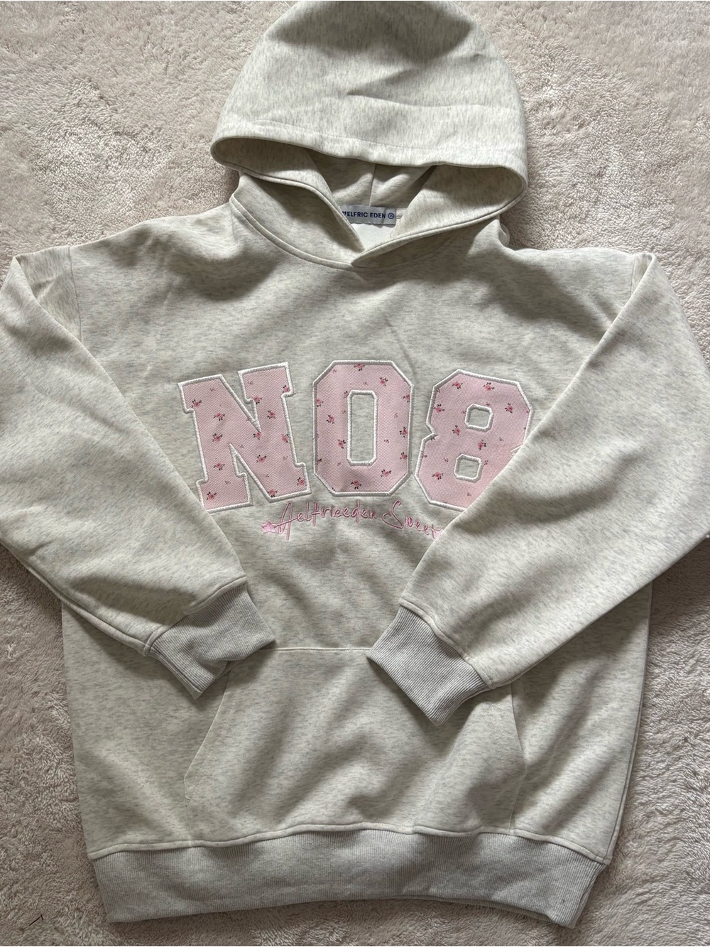 Aelfric Eden Light Gray Hoodie with Pink 'N08' Appliqué